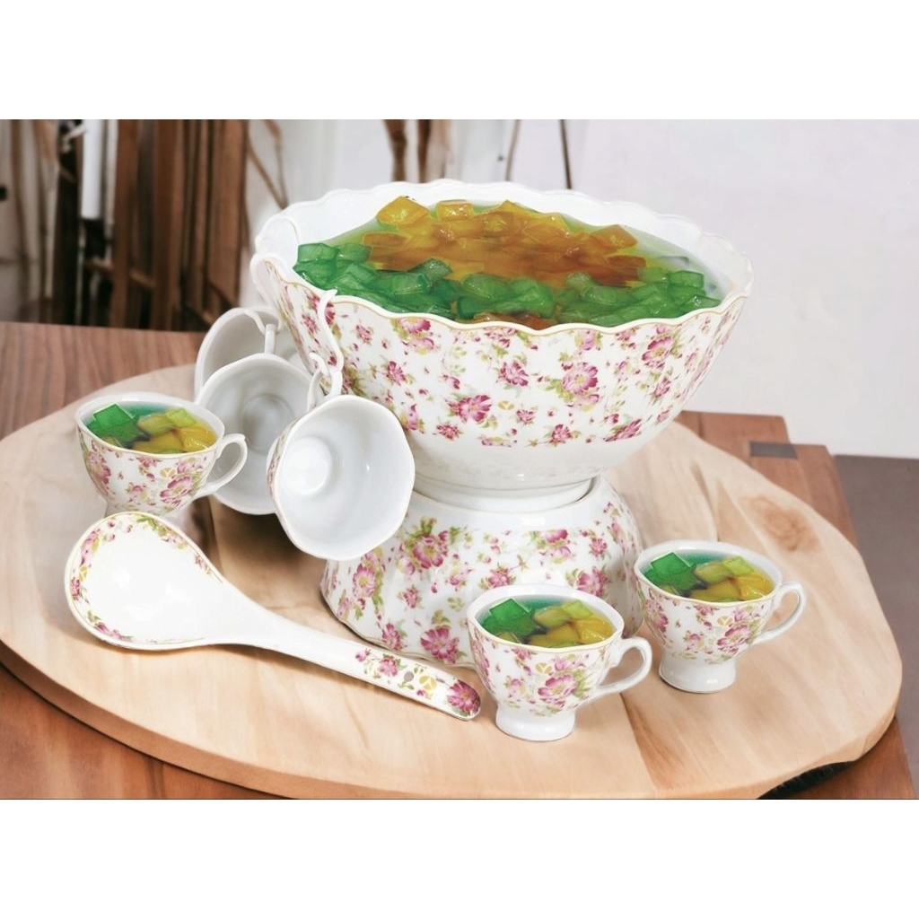 Wadah Es Buah, Sup BA410, Bowl Set VICENZA motif Melati dilengkapi 12 gelas Vicenza tipe cangkir, 1 