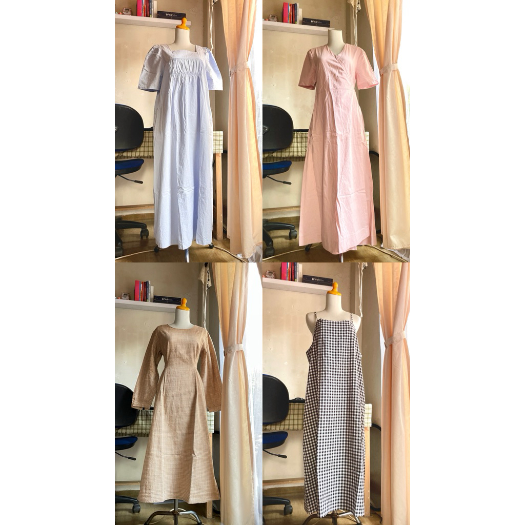 [PRELOVED PRIBADI] Dress Panjang/Pantai/Biru/Pink/Kotak-Kotak/Coklat/Lengan Panjang