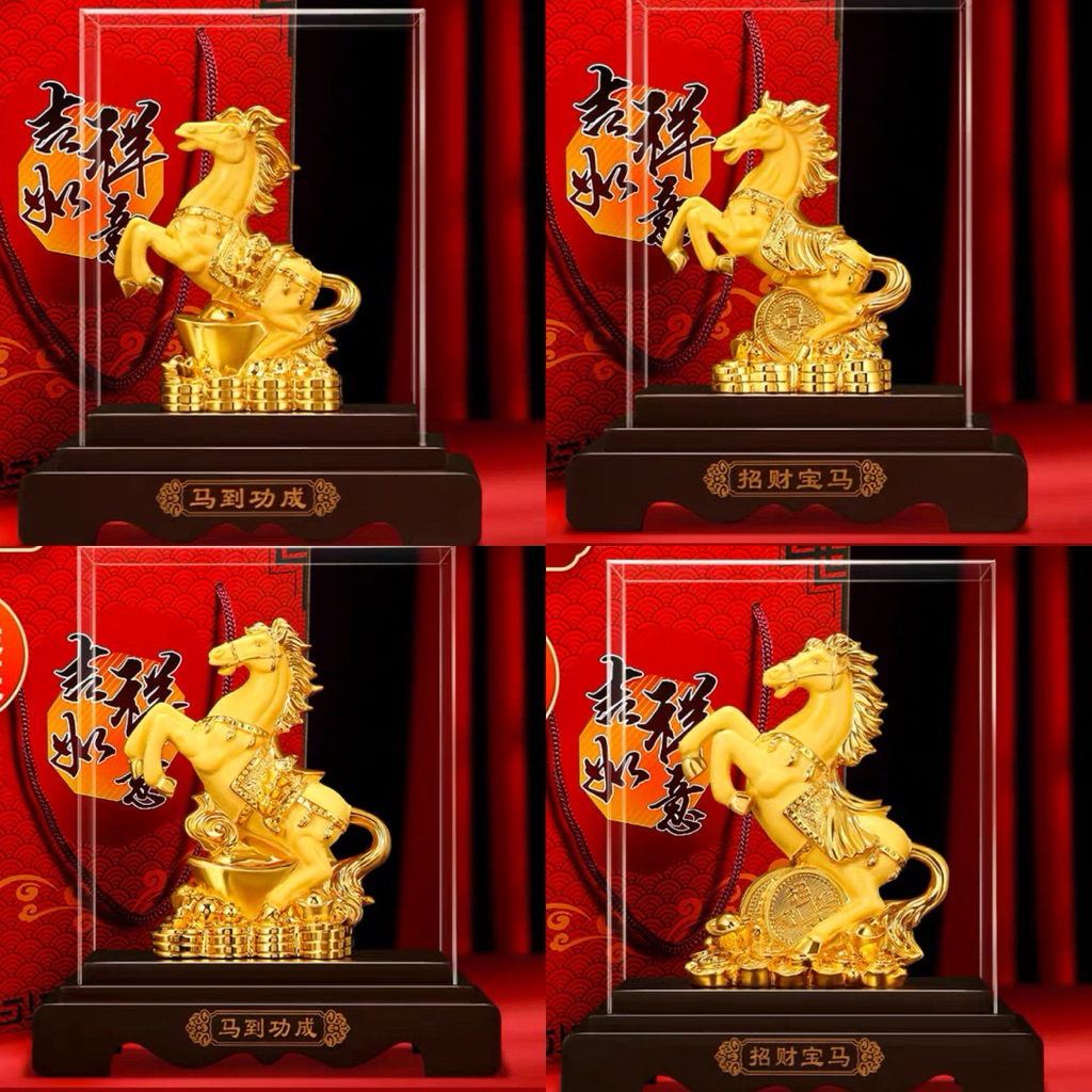 Patung Kuda Hiasan Dekorasi Fengshui Dengan Box Mika / Akrilik Warna Emas