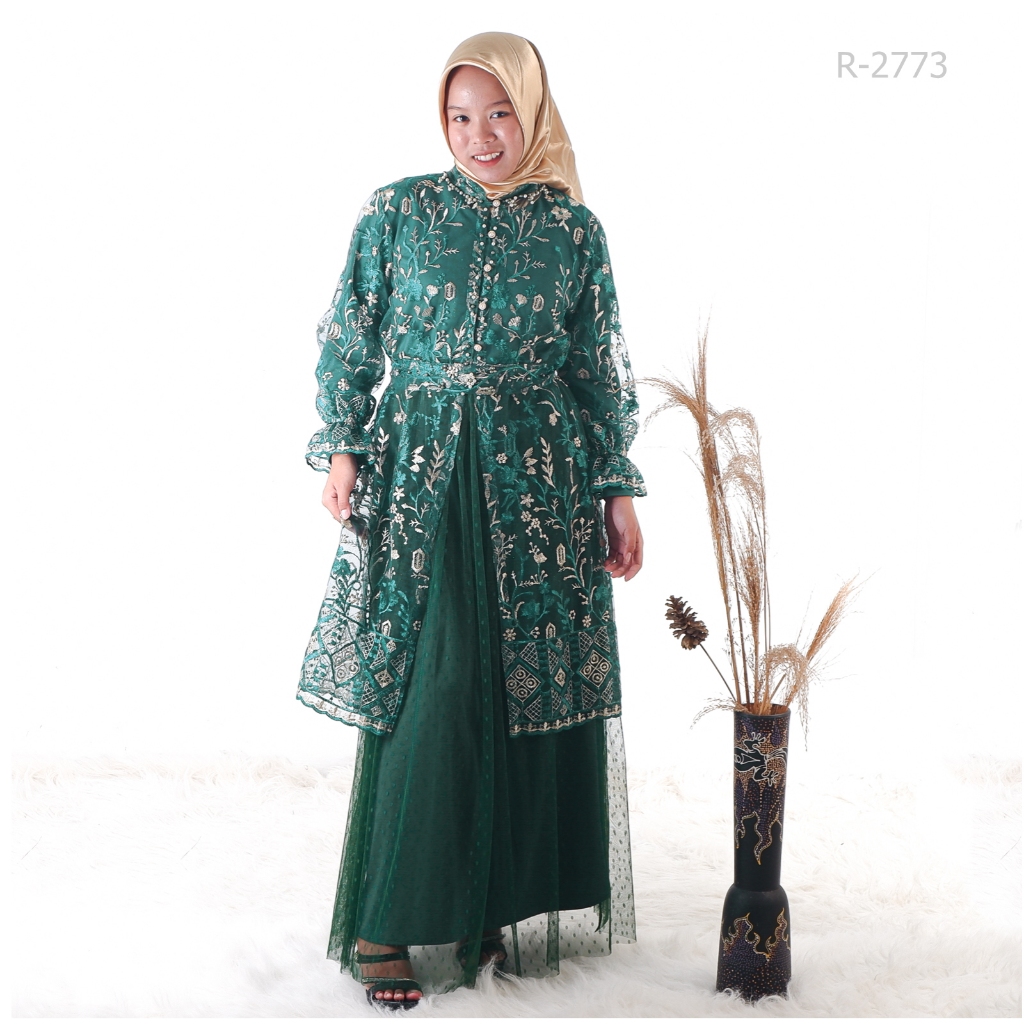 Gamis Outer Brokat Lengan Karet Warna Hijau Botol All Size GB Fashion [R2773]
