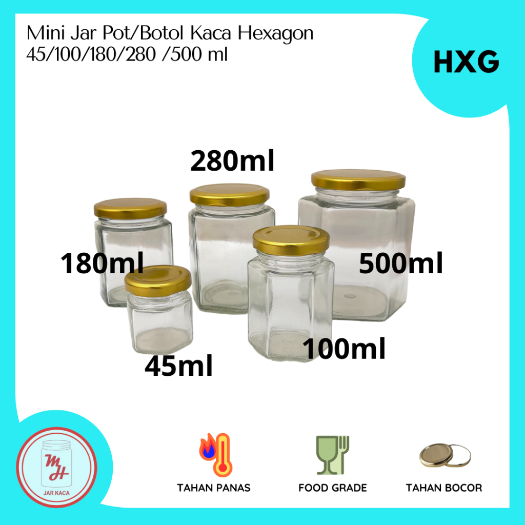 HXG0001 - Jar / Botol Kaca Hexagon Segi Enam Ukuran 45ml, 100ml, 180ml, 280ml, 500ml - Tutup Gold
