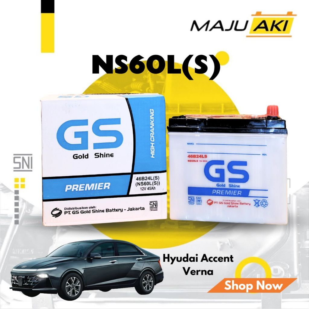 Aki Mobil Hyundai Accent Verna Aki Basah GS Gold Shine Dry Charge Premier NS60LS 12V 45Ah