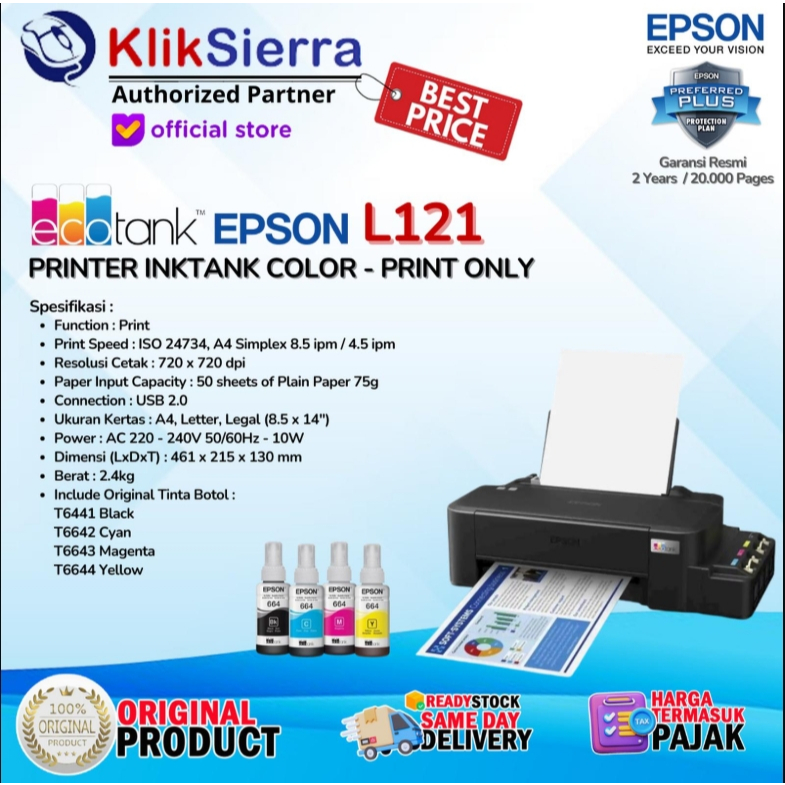 EPSON EcoTank L121 Printer A4 Ink Tank Inkjet L-121 InkTank Printer Print Only  Free Tinta ORIGINAL