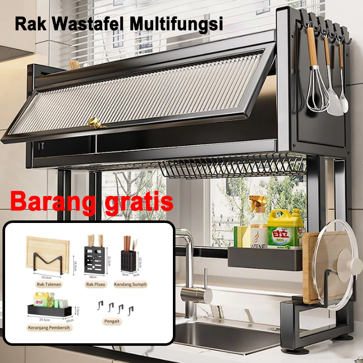 2 Susun Rak Piring Wastafel Dapur Stainless Steel Multi-fungsi Dengan Penutup/Kabinet & Aksesoris - 