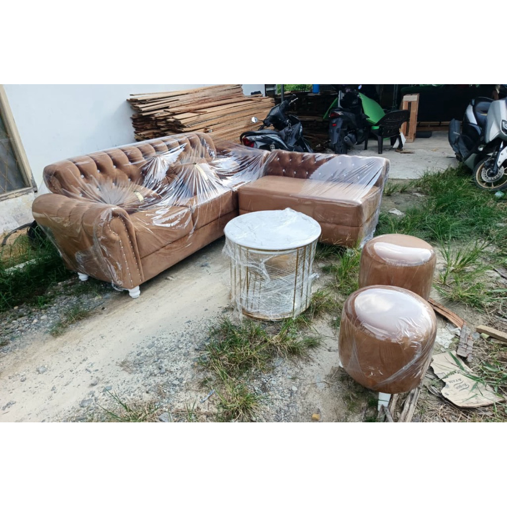 sofa L dan stool meja set lengkap murah