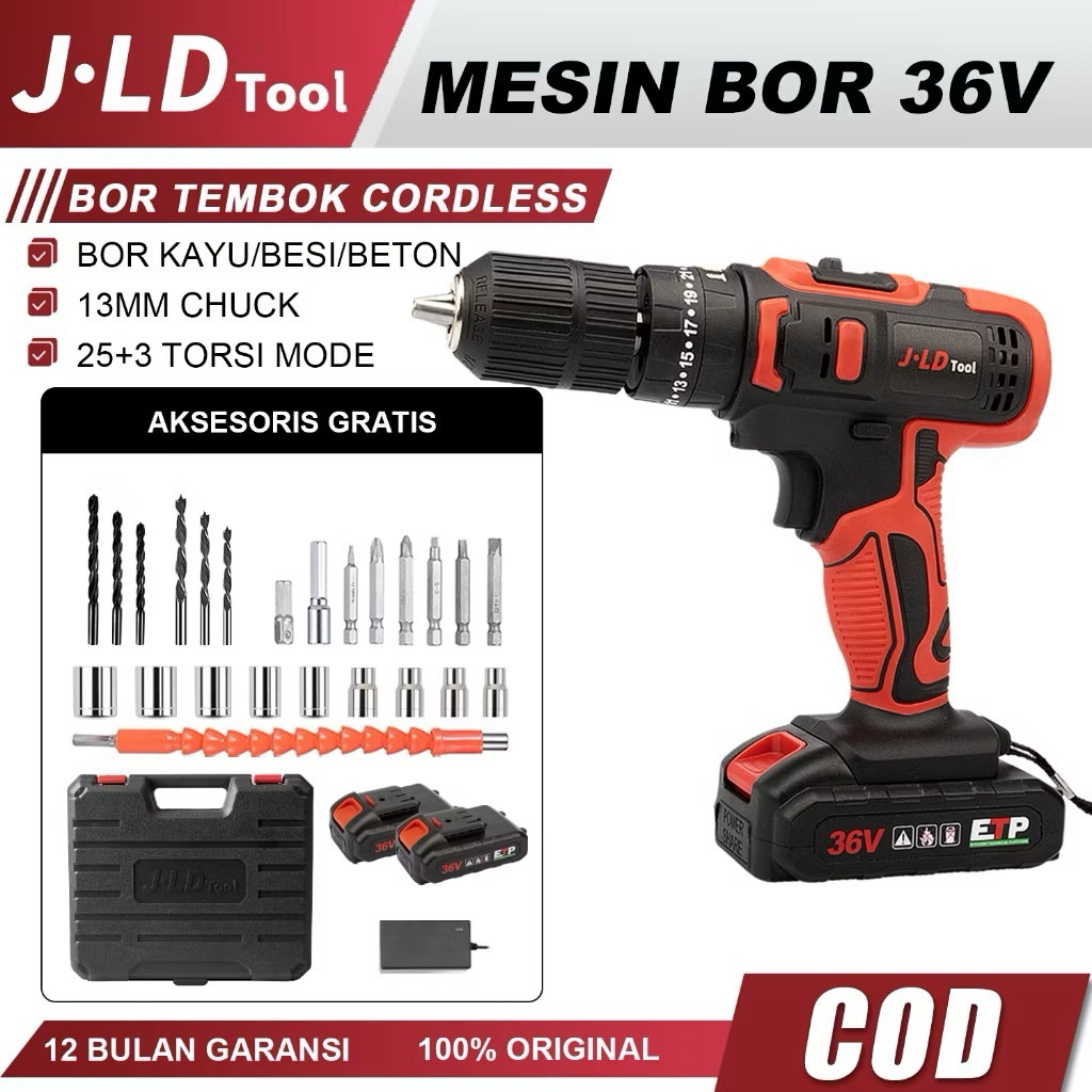 Mesin bor baterai bor listrik / bor beton 2 baterai set 36 -JLD 13MM