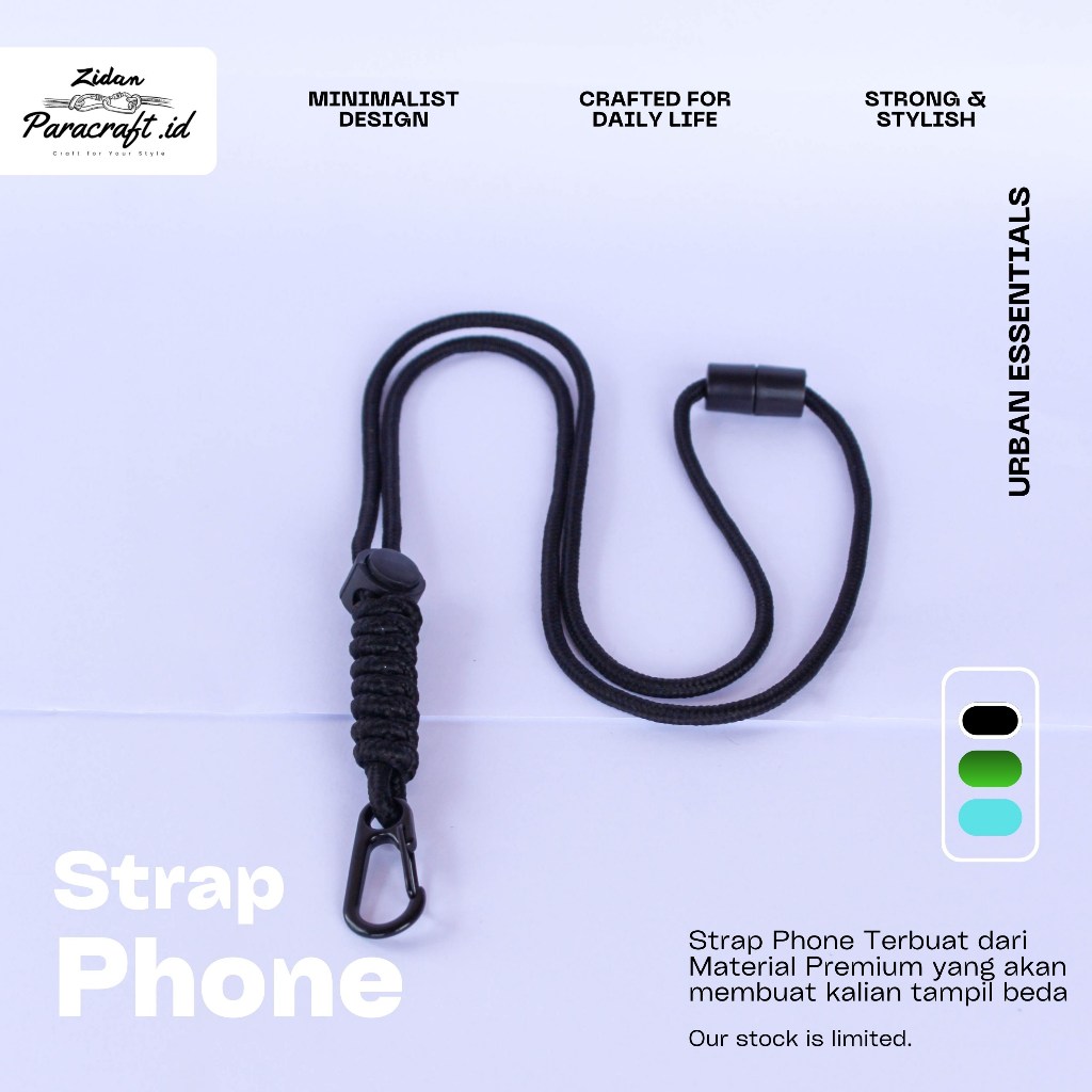 ZIDAN PARACRAFT | Strap Handphone Paracord Adjustable FULL BLACK | Tali HP Kuat Stylish, ID Card, Va