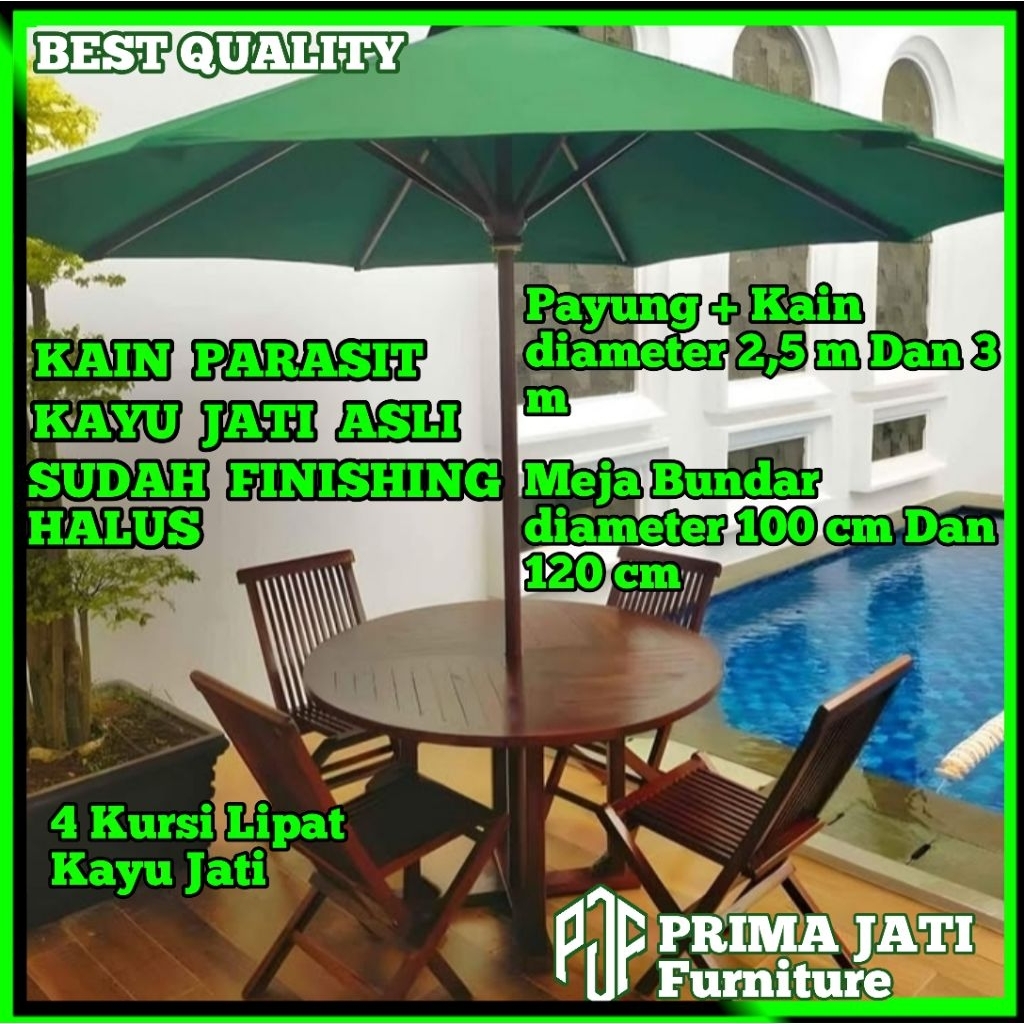 Set Meja Payung Taman Cafe Outdoor Tenda Payung Villa Resto Kayu Jati 4 Kursi Lipat  kayu Jati
