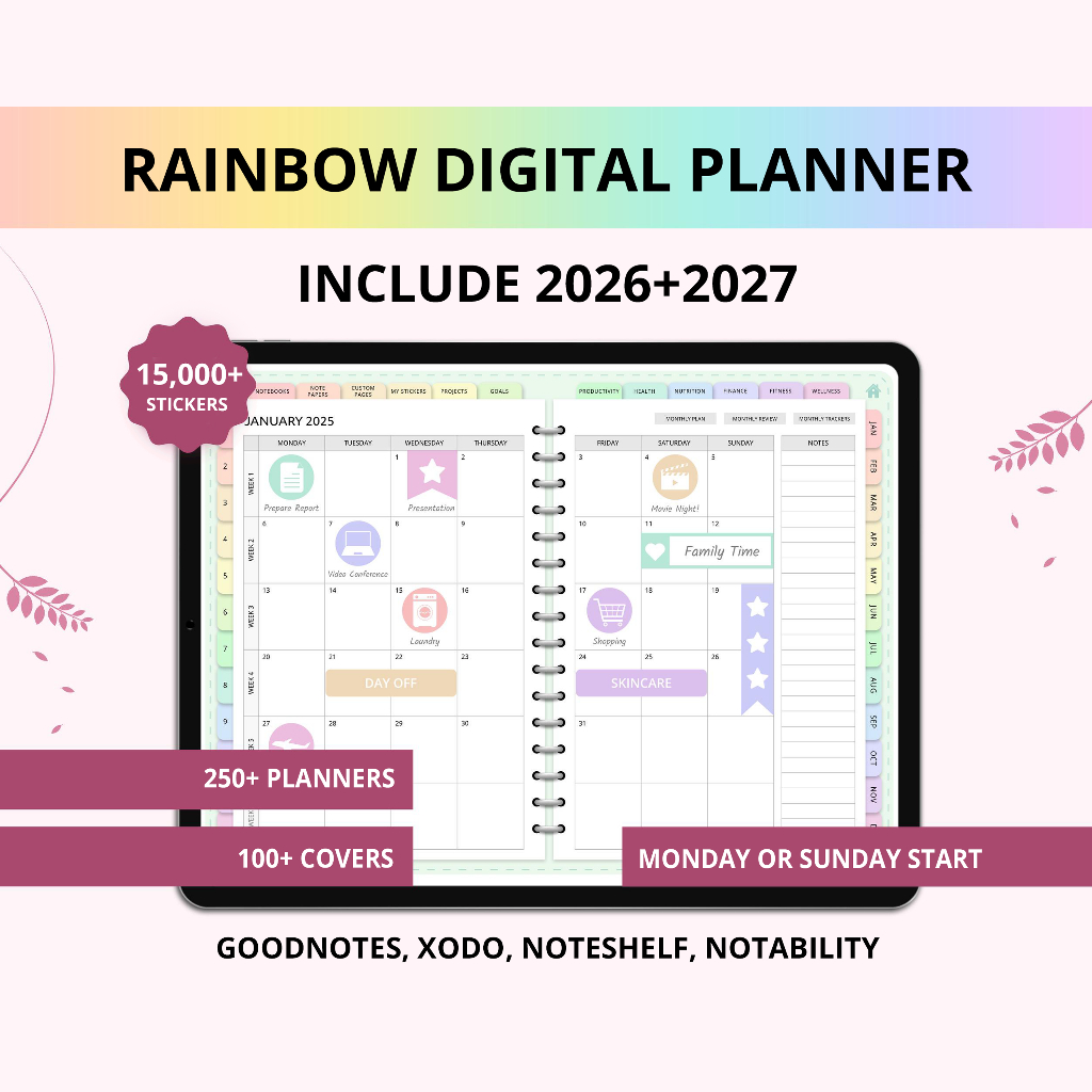 Digital Planner 2026-2027, Goodnotes Planner, Hyperlinked Tab Digital Notebook for GoodNotes & Note-