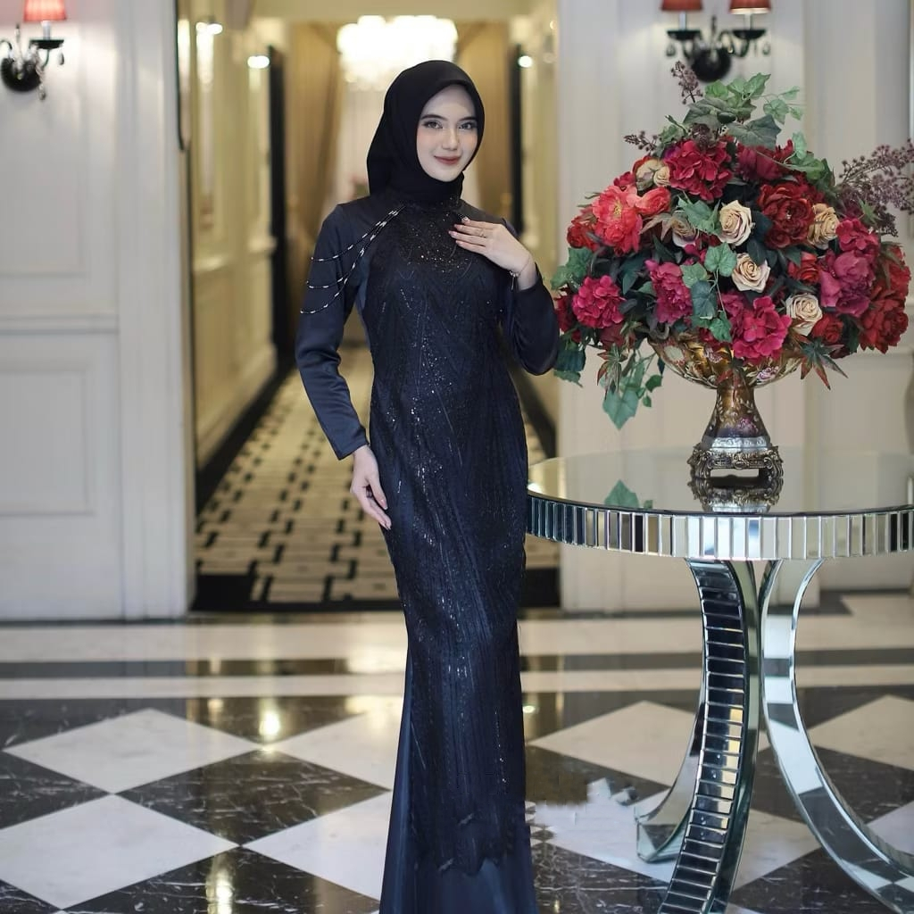 Gamis Brokat Mewah Pesta Muslimah Long Dress Elegan Warna Ungu