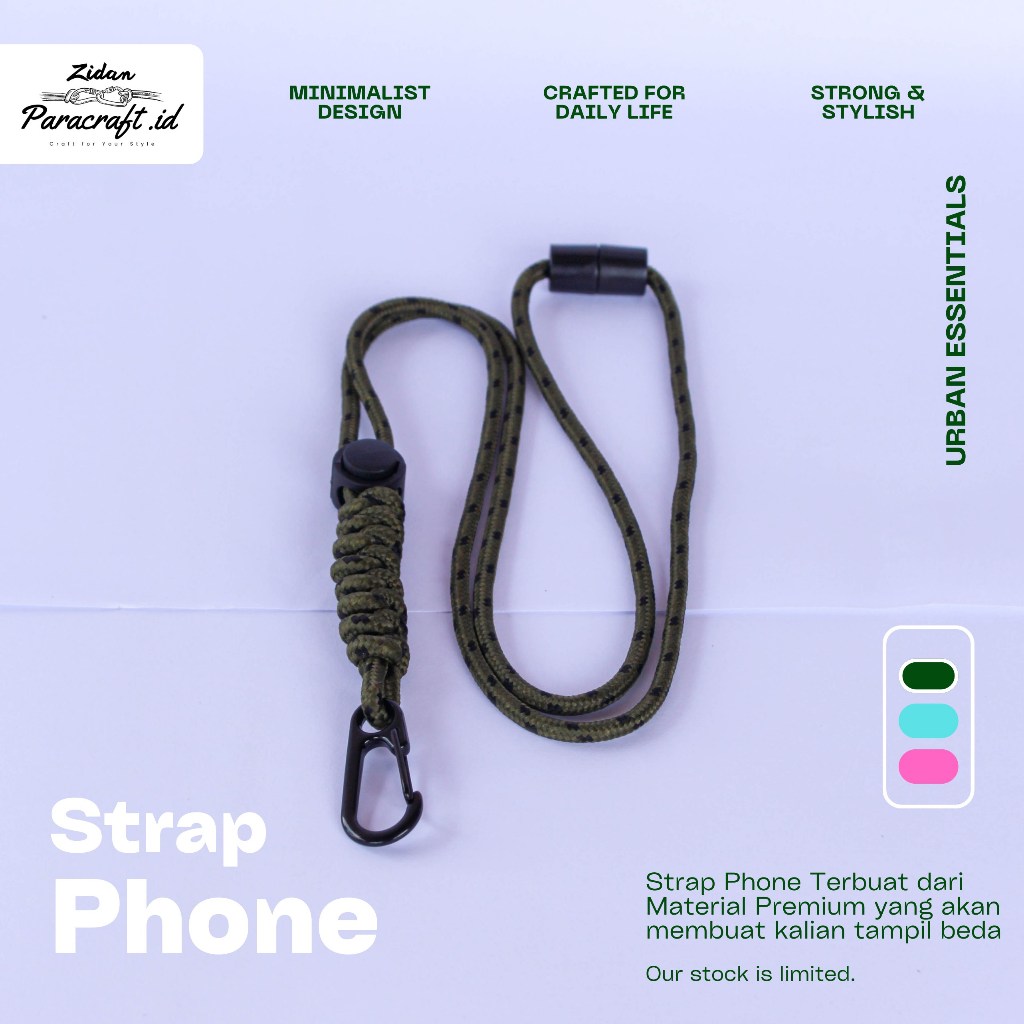 ZIDAN PARACRAFT | Strap HP Paracord Warna Army | Tali HP Kuat Stylish, ID Card, Vape, Flashdisk, Mul