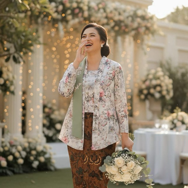 Ready Kebaya Bunga Almera Kutubaru Floral Cream Bridesmaids Cantik Seragam
