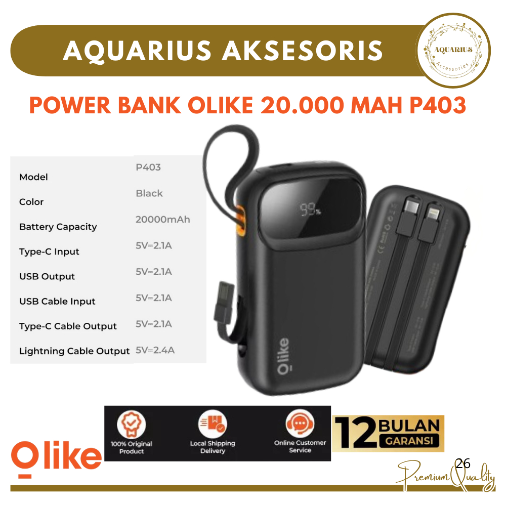[OLIKE] PowerBank P403 20000mAh Original | Fast Charging 2.1A | Display LED % Baterai | Bergaransi