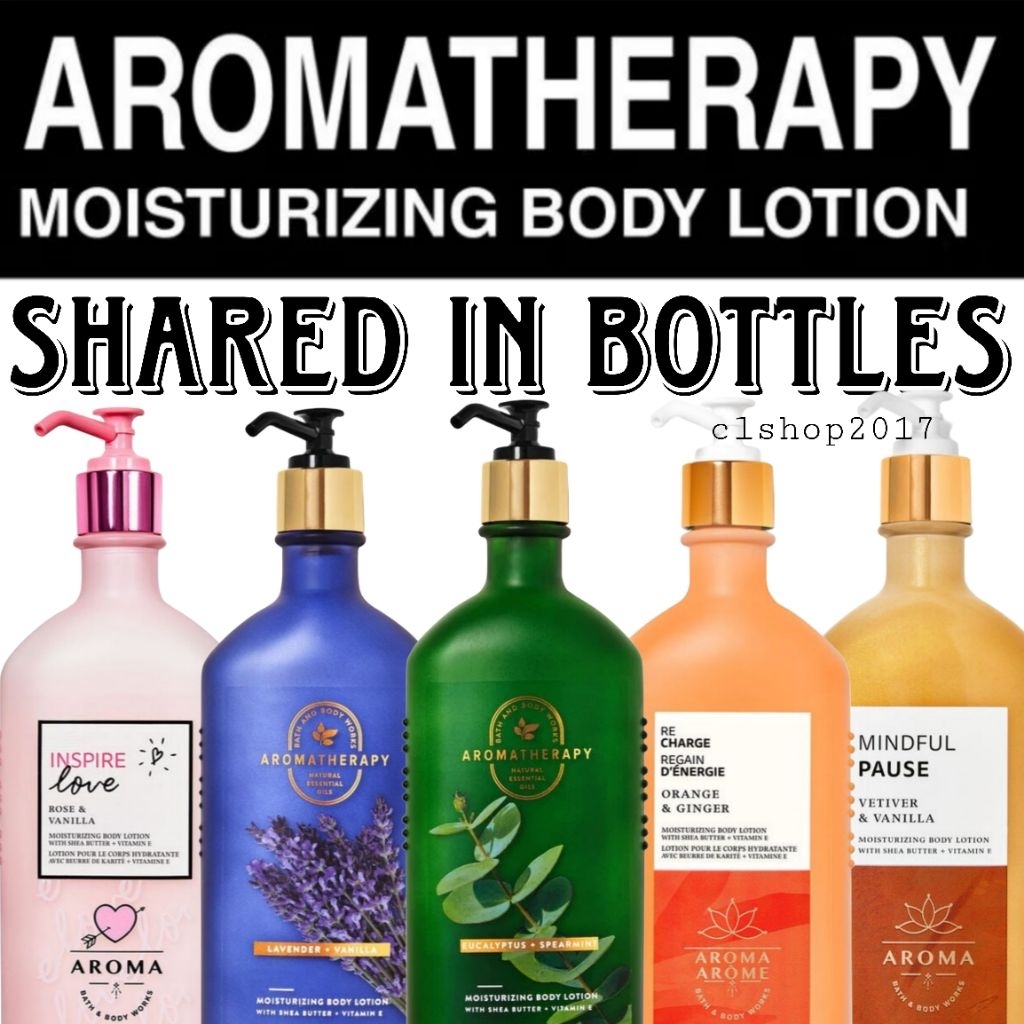 BBW AROMATHERAPY LOTION SHARE IN BOTTLE eucalyptus tea spearmint black chamomile bergamot orange gin