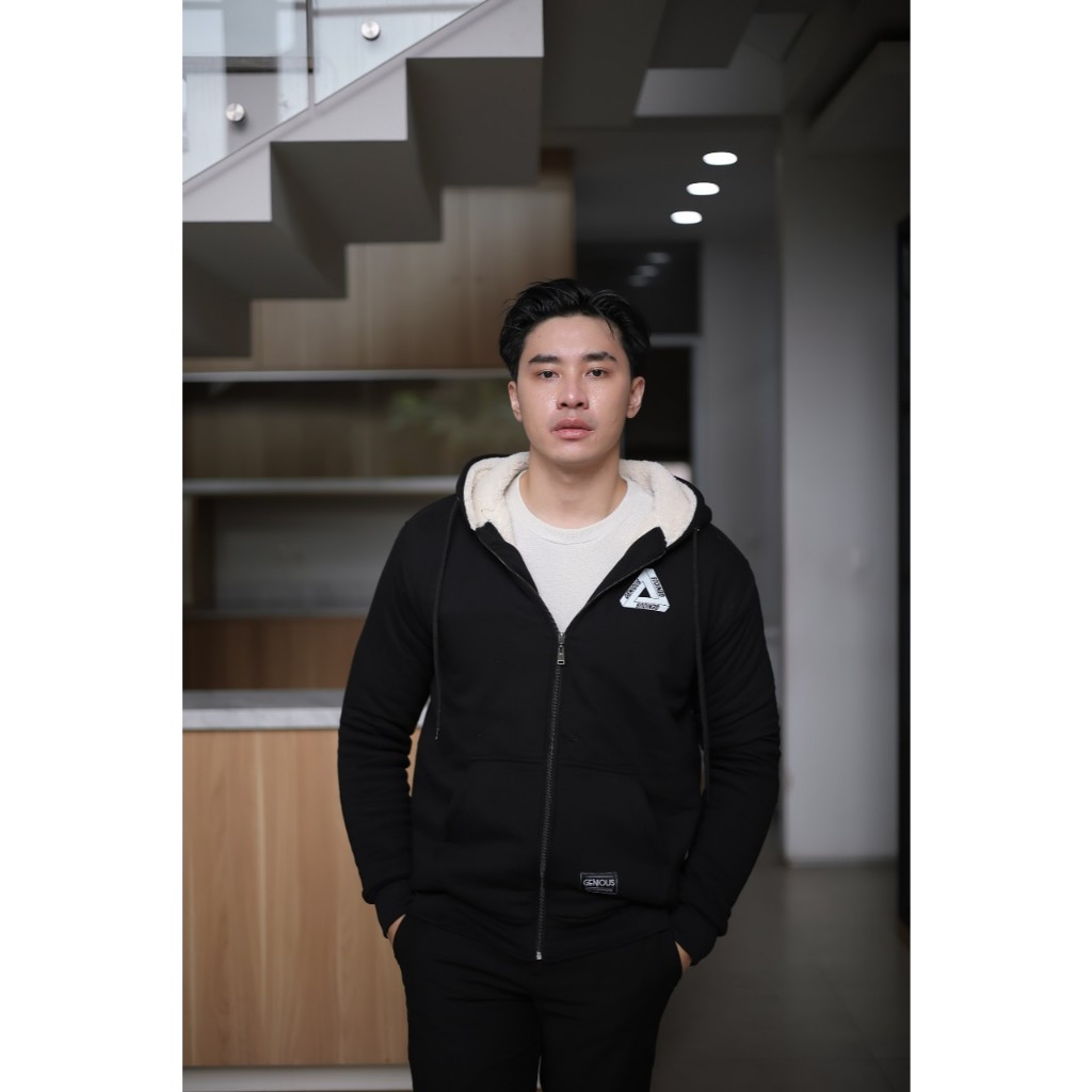 Hoodie Zipper Sherpa Hitam Tebal Ukuran L-XL