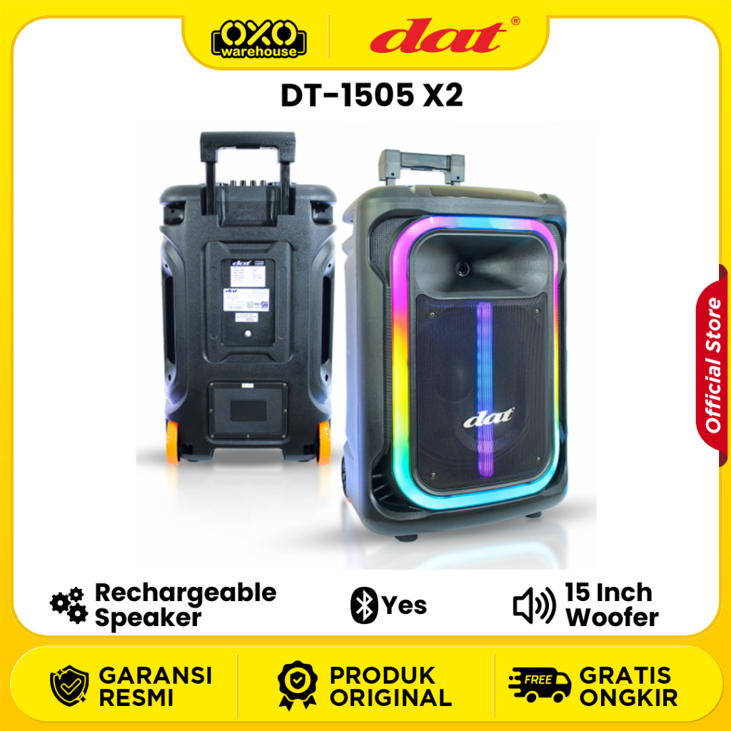 DAT Trolley Speaker DT-1505 X2 – LED Switchable Bluetooth 15" Woofer Low Watt garansi Resmi