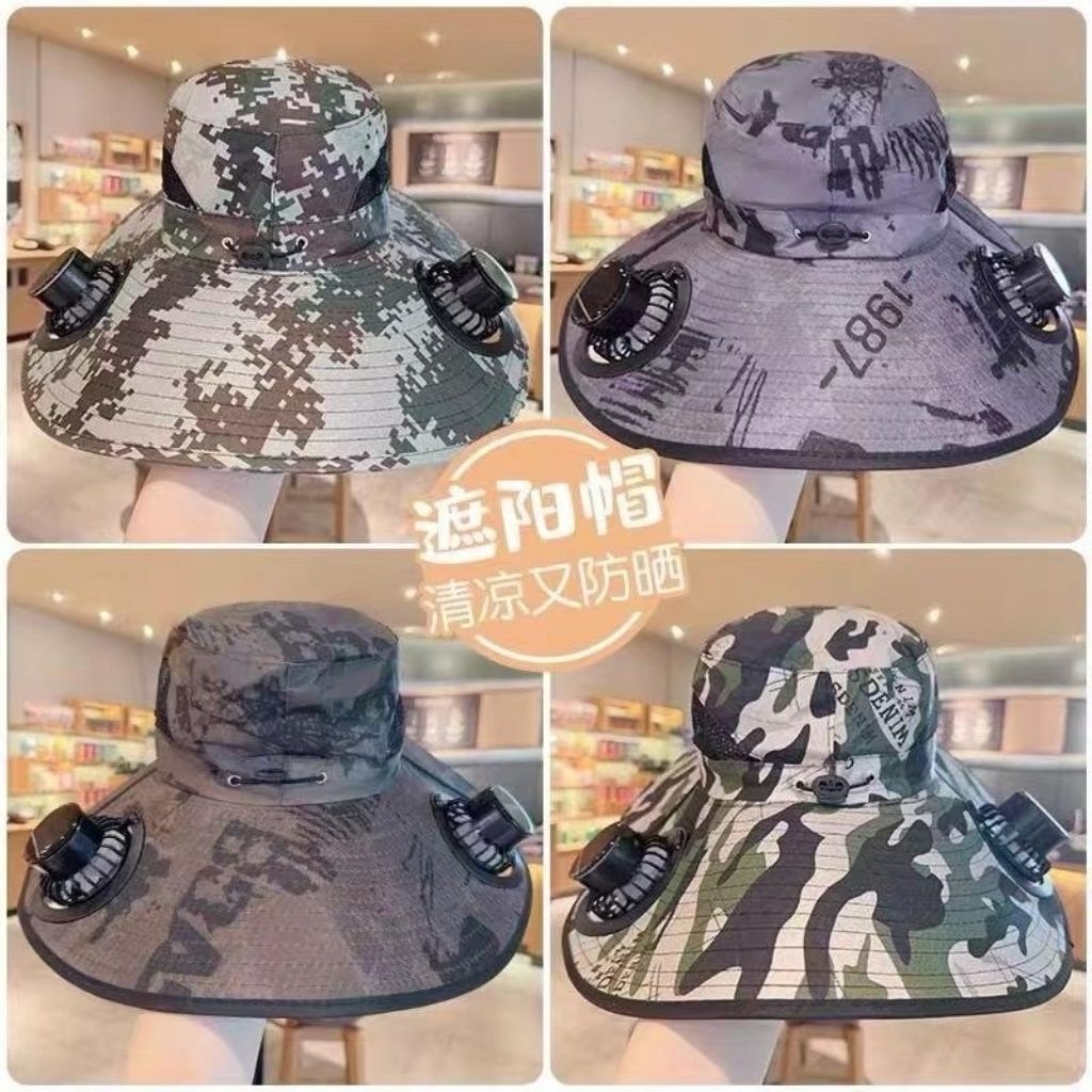Topi Matahari Pria Anti UV Visor Topi Surya Kipas Ganda Topi Tenaga Surya Topi Mancing Multif...