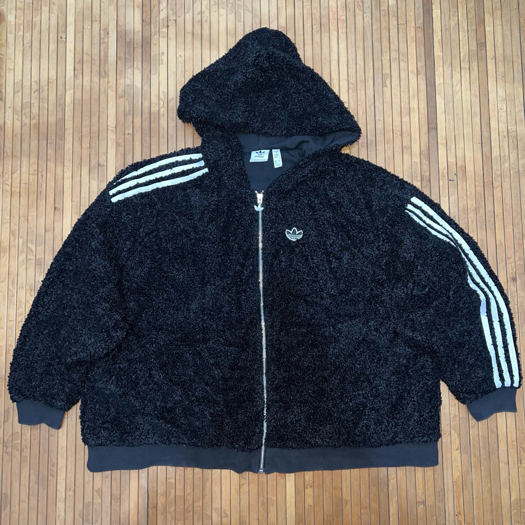 WOMENS ADIDAS ORIGINALS BLACK 3 STRIPES WHITE FLEECE SHERPA HOODED JACKET alexander wang play cdg