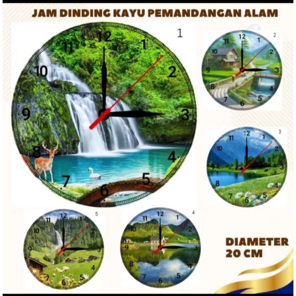 Jam dinding kayu motif pemandangan alam Aesthetic