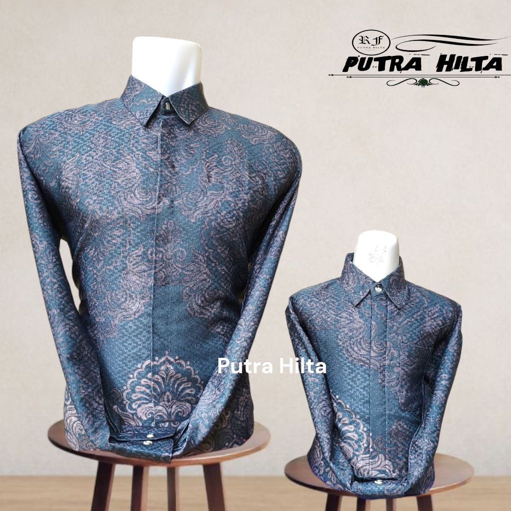 atasan kemeja batik couple ayah dan anak bahan dobby warna abu abu xanadu motif elegan mewah//batik 