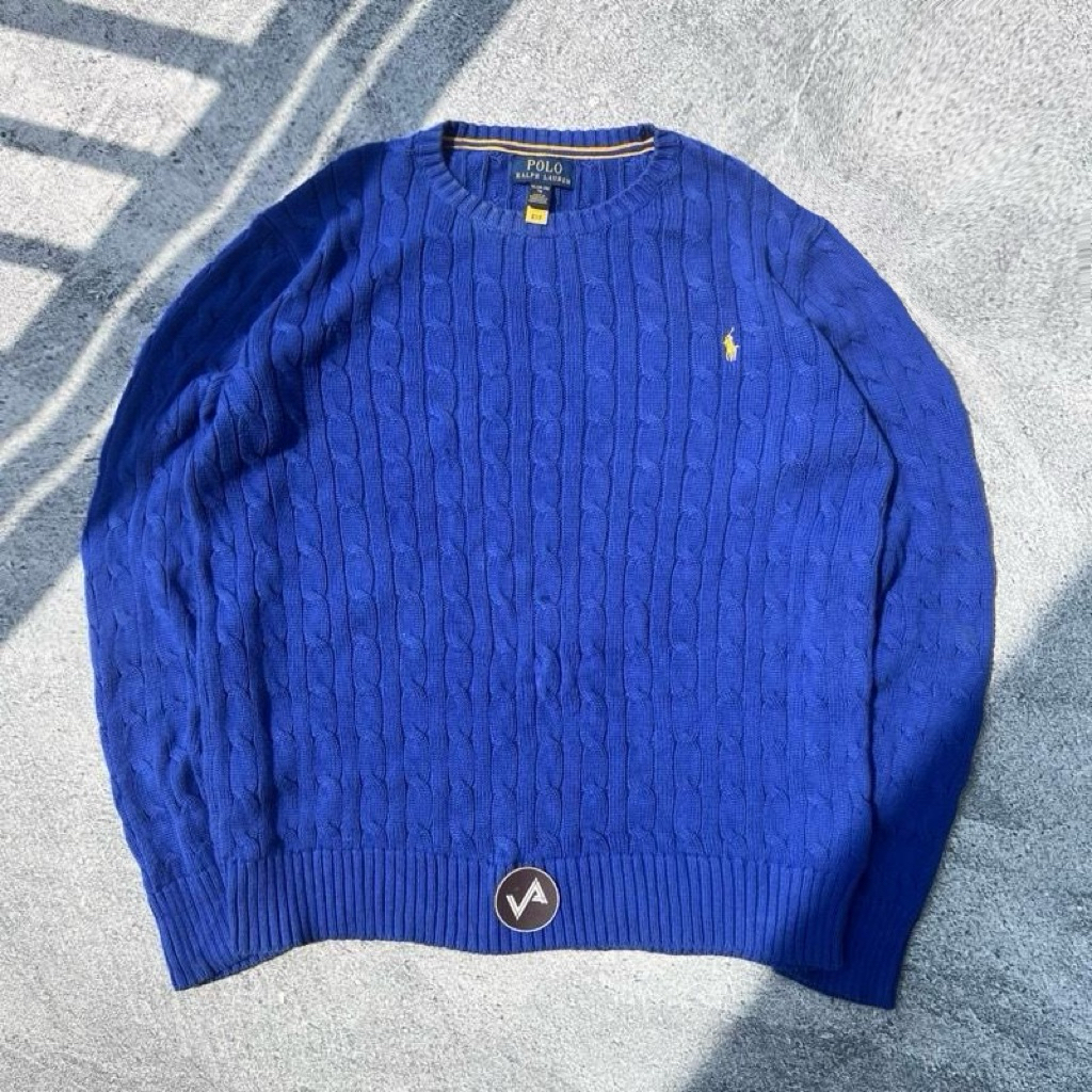 Sweater Polo Ralph Lauren Cableknit Rajut Full Kepang Electric Blue