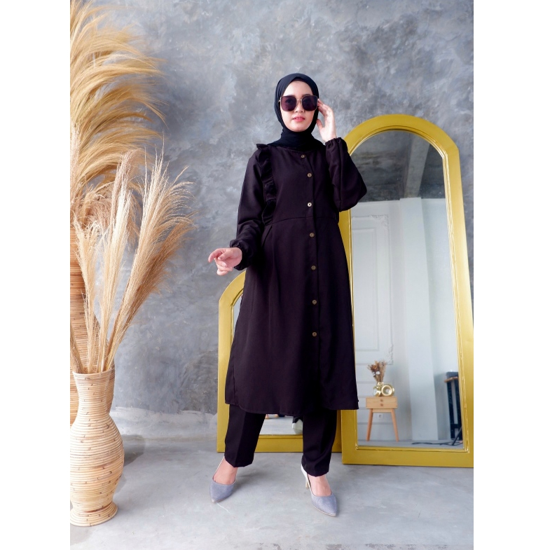 MUDAHHIJAB Setelan Tuniik One set Model Aku Karissa Tunik Adirena dengan Variasi Rempel Bahan Ity Cr
