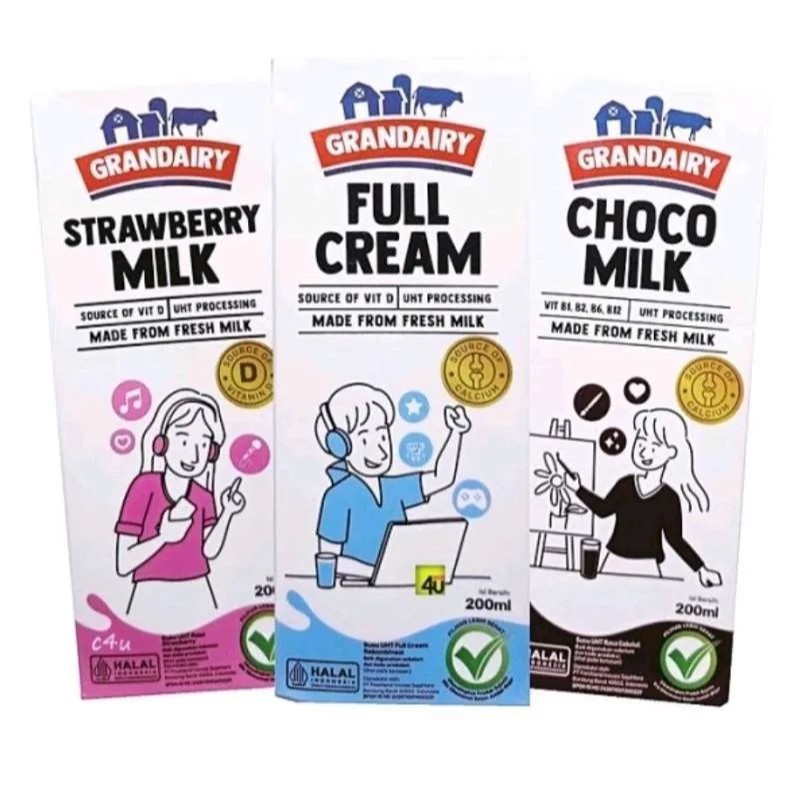 

GRANDAIRY 200ML 200 ML SUSU UHT FULLCREAM DUS KARTONAN / GRANDAIRY SUSU UHT 200ML FULLCREAM COKLAT STROBERI