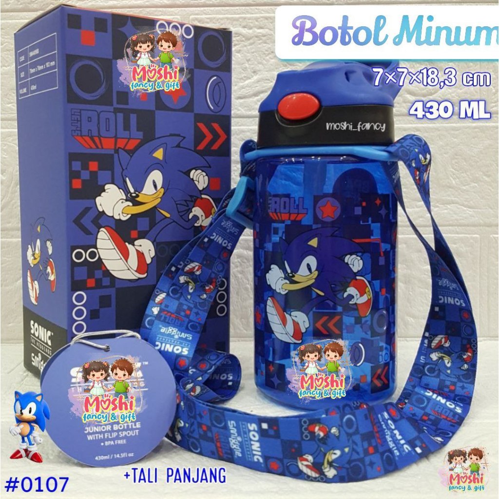 Botol Minum 430 ml dan Tali Panjang motif Sonic / Tempat Minum Motif Sonic / Botol Minum Tali Anak P