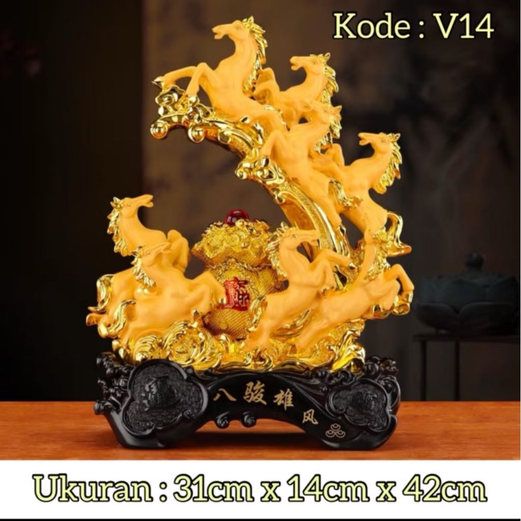 Patung 8 Kuda Berlari Hiasan Dekorasi Fengshui Warna Emas