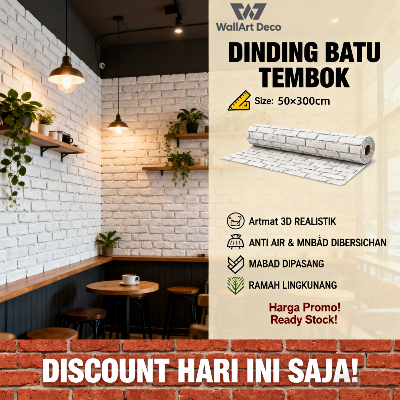 (50×300cm)Wallpaper Dinding 3D Sticker Vinyl | Motif Dinding Batu Alam Tembok Bata waterproof Mudah 