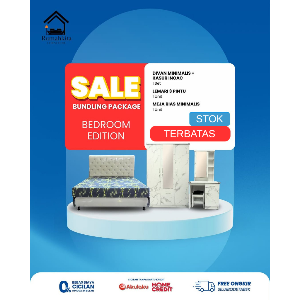 PAKET KAMAR SET MINIMALIS ( TEMPAT TIDUR+KASUR LEMARI 3PT DAN MEJA RIAS MINIMALIS )
