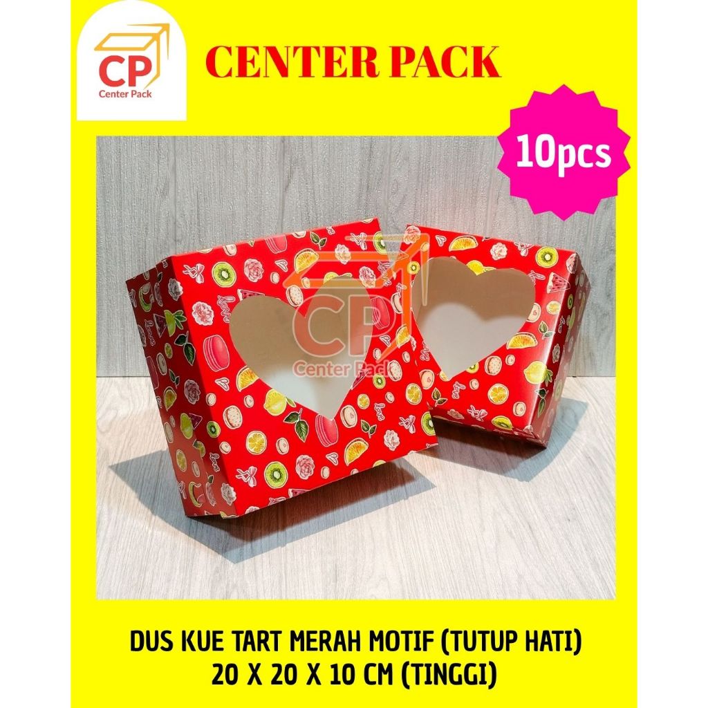 (10pcs) 20 x 20 x 10 CM Tinggi Dos DUS DUPLEX Kue Tart Merah Motif Cetak Tutup Hati