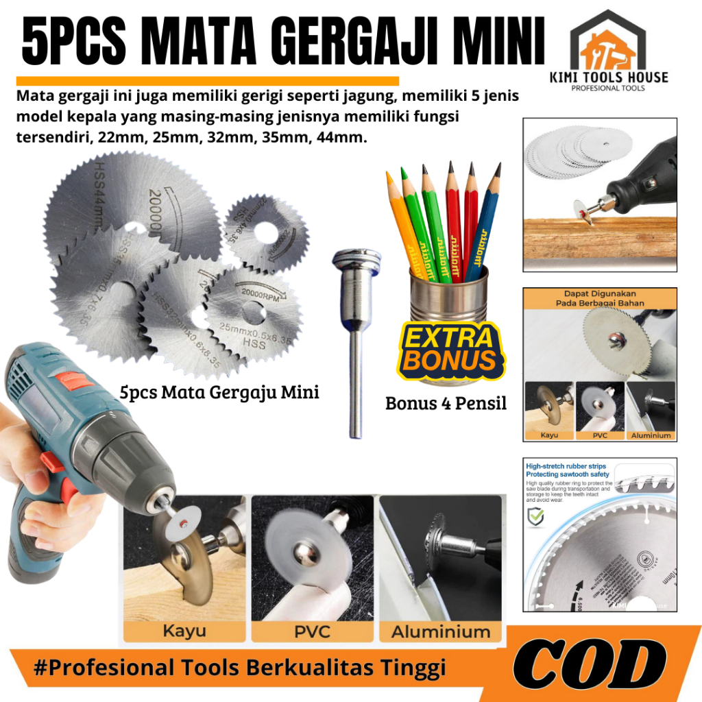 

Bonus 4pcs Pensil Tukang Paket 5pcs Mata Gergaji Kayu Mini Saw Blade Plus Sekrup Mata Gerinda Kayu HSS Blade 22/25/32/35/44 mm