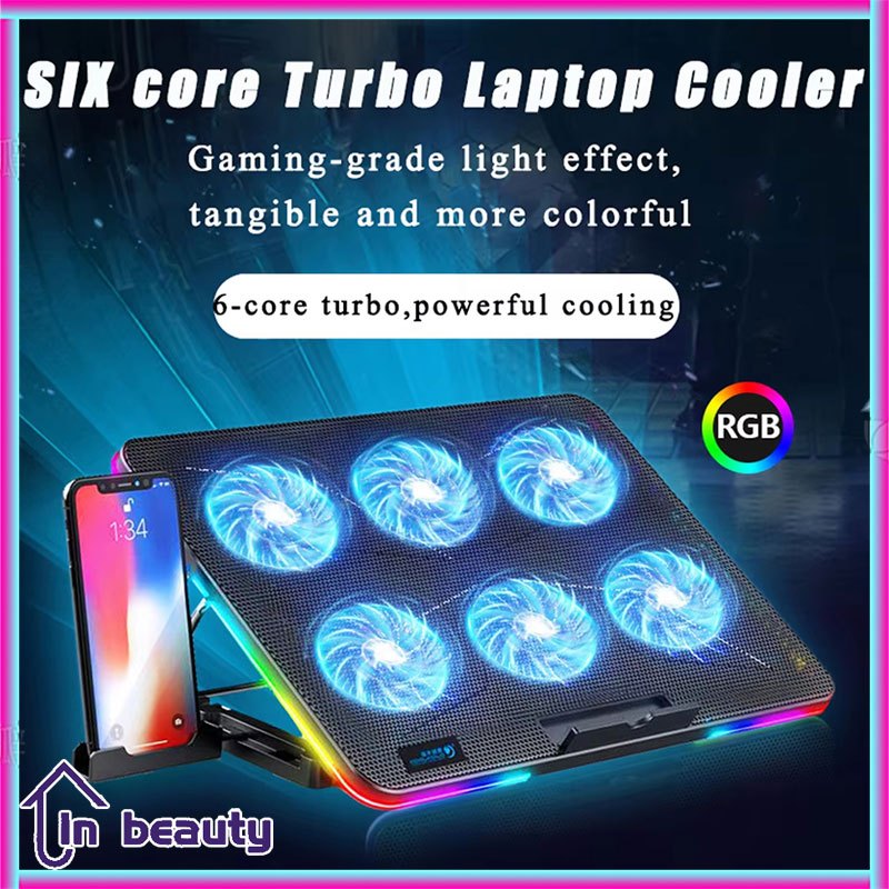 Cooling Pad Laptop Gaming 6 Fan RGB Rainbow Ergostand 3 In 1 All Laptop  9"-17" Silent Laptop Cooler