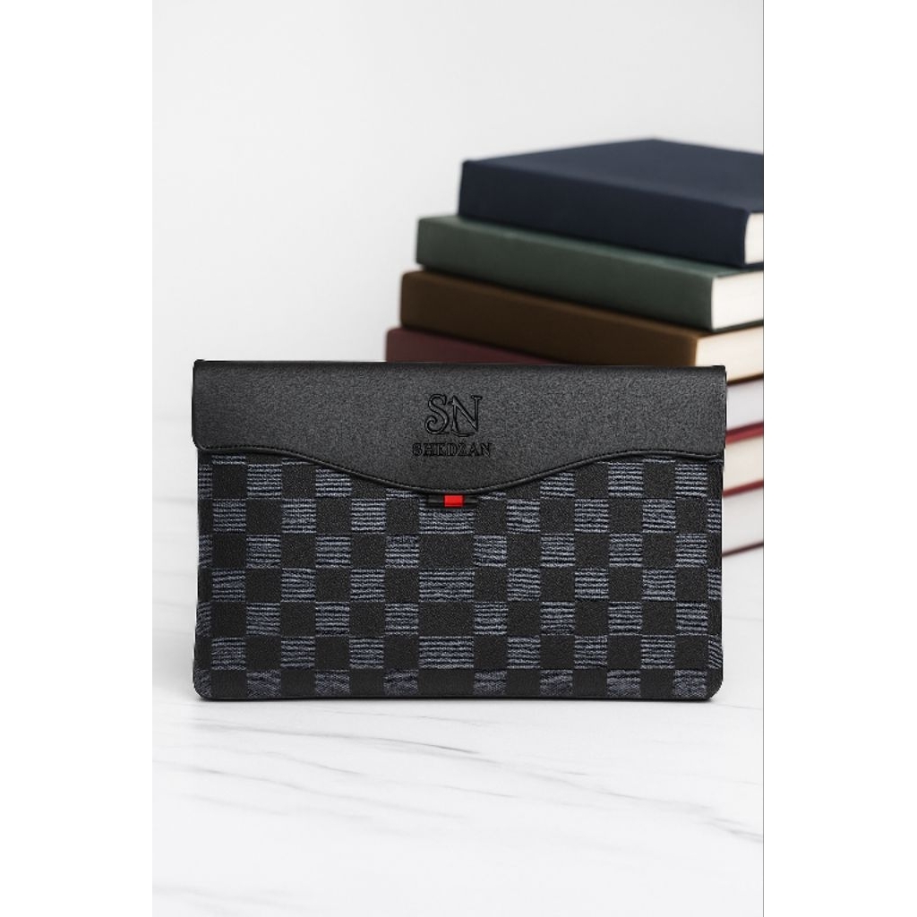 HOT` HANDBAG PU LEATHER NETHERLAND RIBBON MOTIF KOTAK-KOTAK / COKLAT / CLUTCH BAG TAS TANGAN PRIA