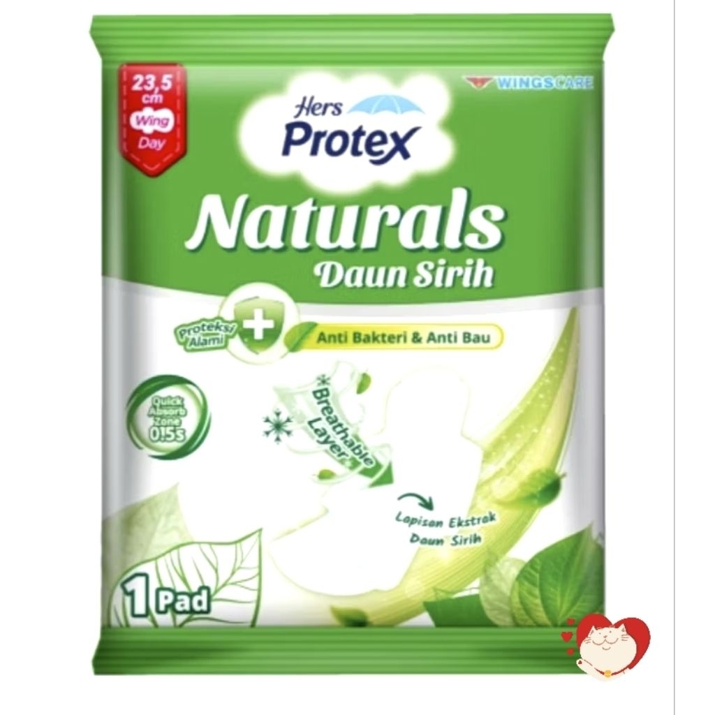 Pembalut wanita naturals daun sirih 23cm (wing/sayap) Hers Protex daun sirih 23cm isi 50 dan isi 100