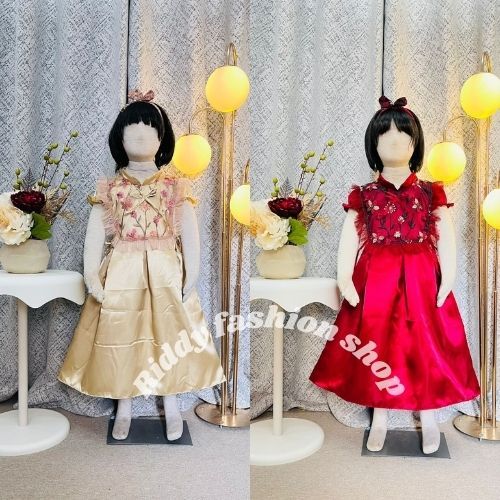 ( Free bando ) Dress saten mix sequin motif bunga anak perempuan usia 3 - 8 tahun / gaun ultah anak 