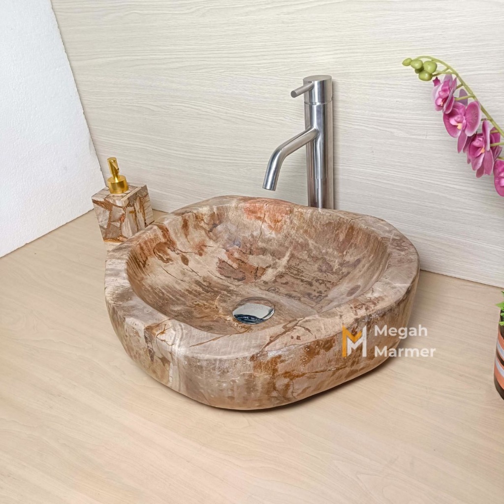 Megah Marmer | Wastafel Batu Fosil Natural Ukuran 40cm Finishing Glossy Free Packing Kayu