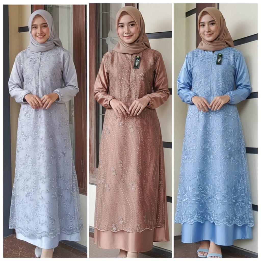 Gamis Brukat Mutiara Tile Wanita Kerah Modern Satin