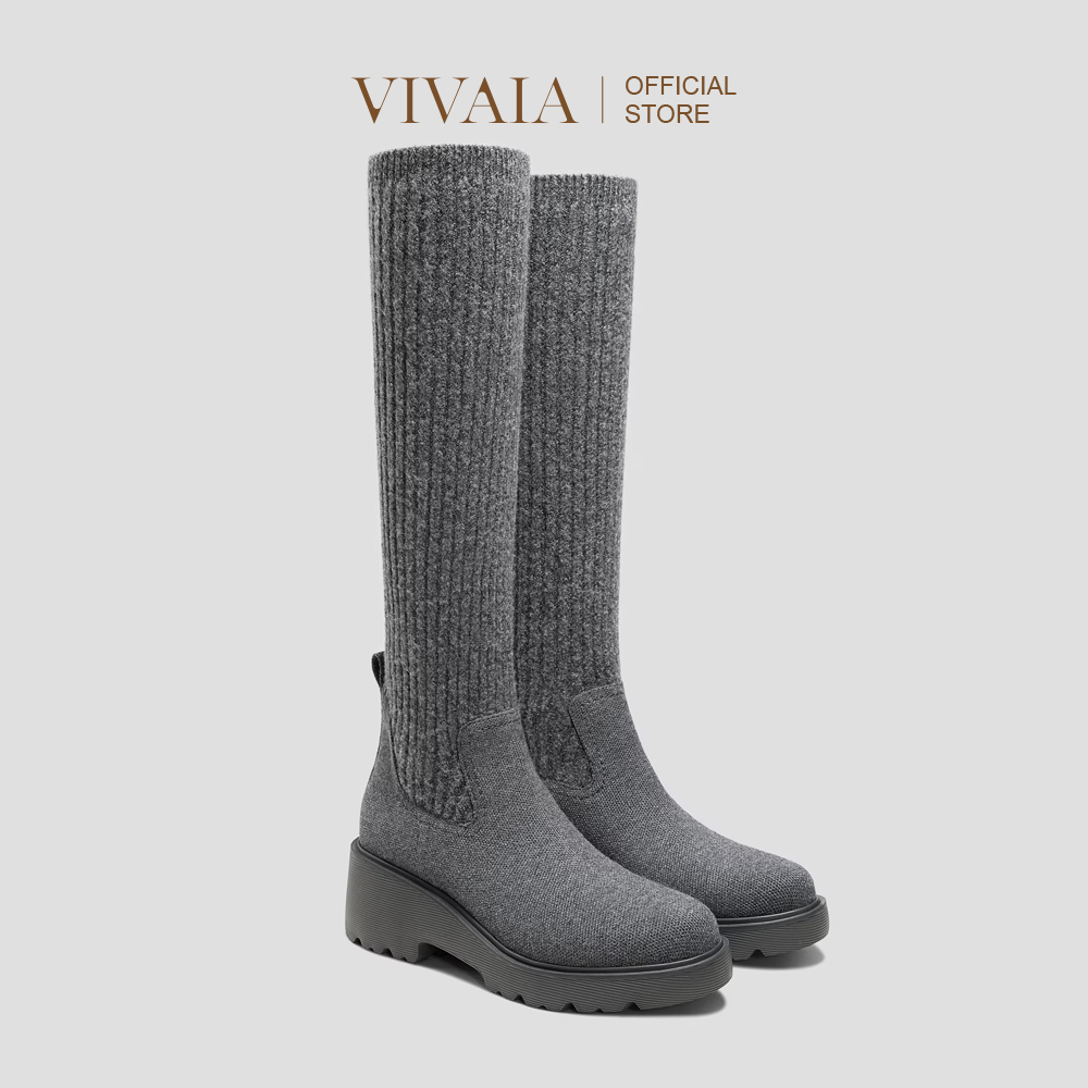 VIVAIA Sepatu Wanita Round-Toe Knee-High Platform Chunky Wool Wedge Boots (Eduarda) - Rich Grey