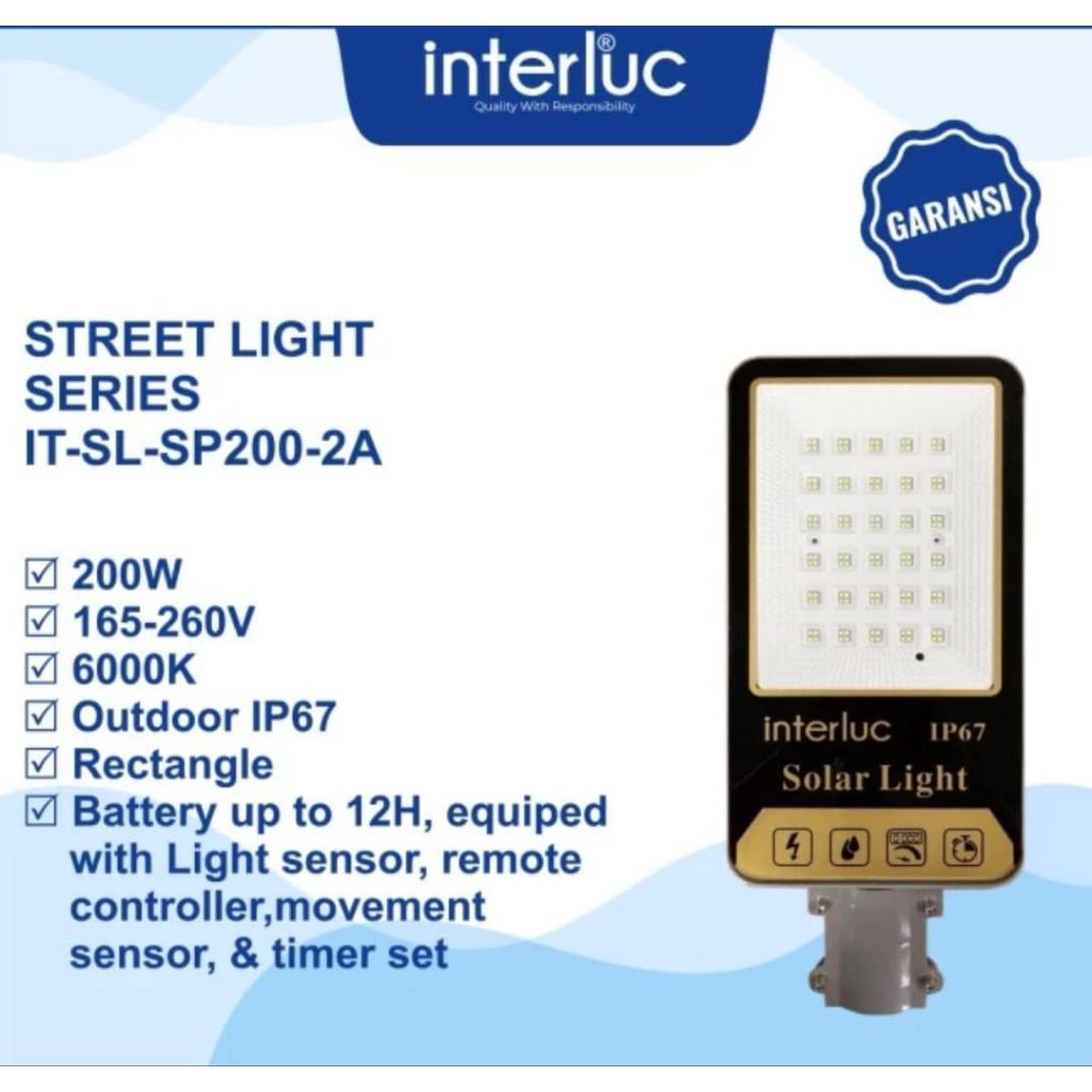 Interluc lampu jalan Led pju solar panel Cell 200 watt Garansi 1 tahun
