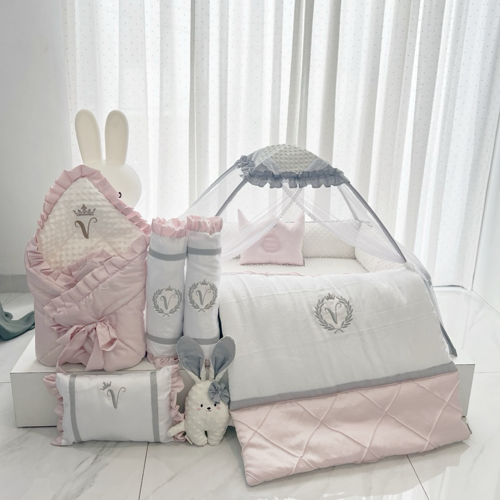 moochi Baby kasur kotak set kelambu tempat tidur bayi bordir Embroidery katun jepang tilam