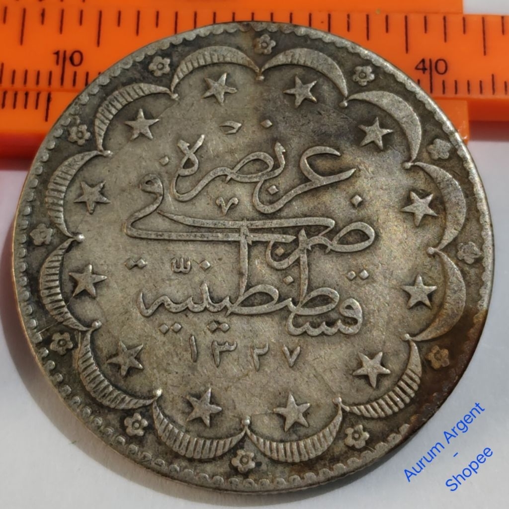 AB.80-- 1 PC KOIN PERAK KUNO ASLI 20 KURUSH KEKAISARAN OTTOMAN - SULTAN MUHAMMAD-V TH 1917. -- SILVE