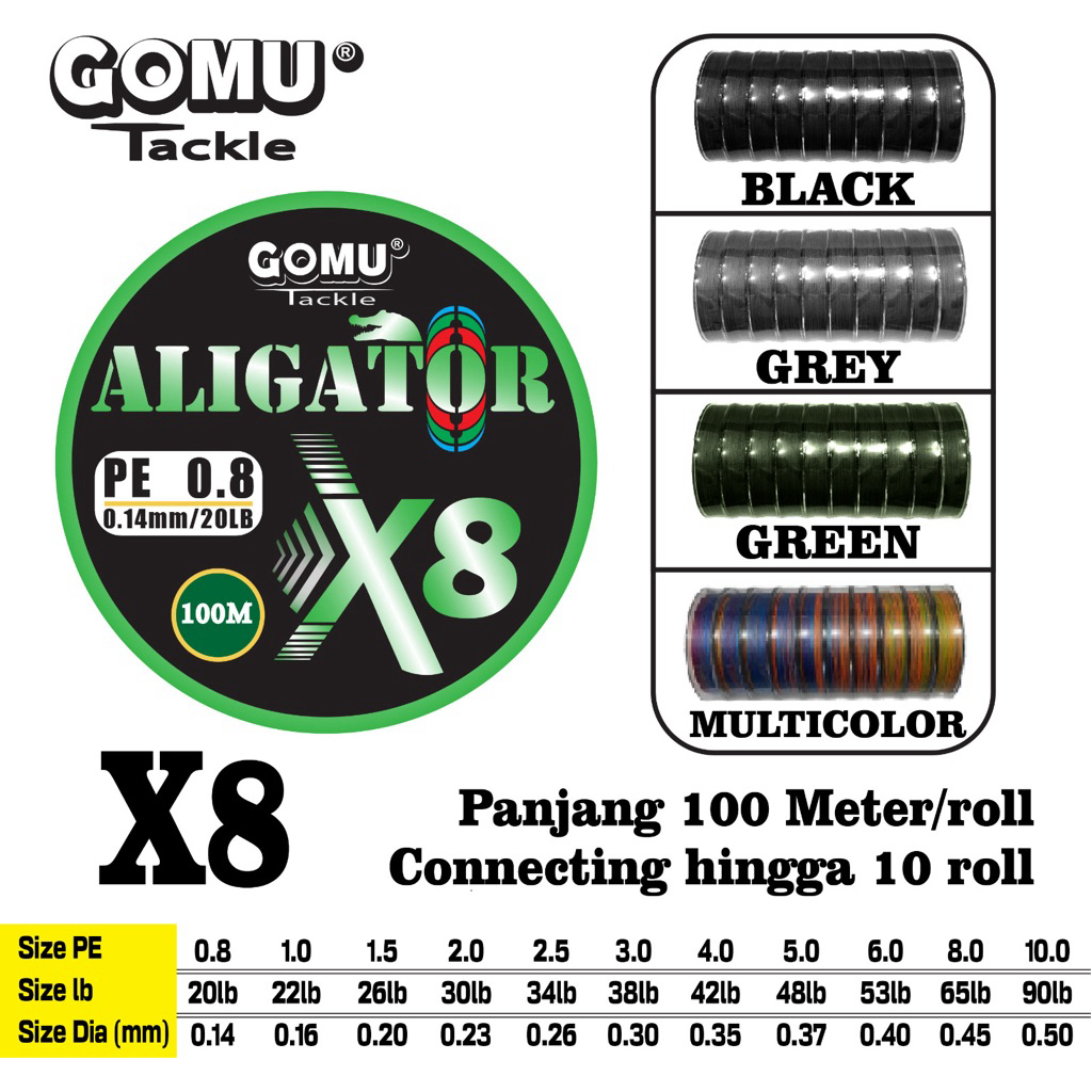 Senar Pancing Pe Gomu Aligator X8 Connecting 100Meter Warna Black / Green / Multi / Grey Ikan