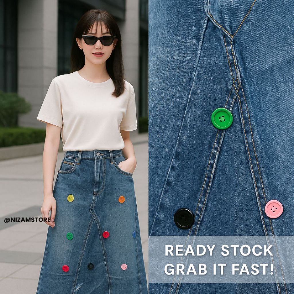 Rok Jeans Panjang Wanita Import Washed Premium | Rok Denim A-Line Oversize Unik Kekinian
