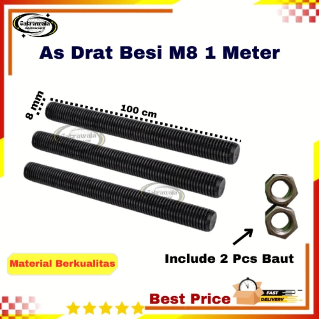 As Drat Besi 1 Meter M8, Iron Longdrat/Terot + Baut 8mm