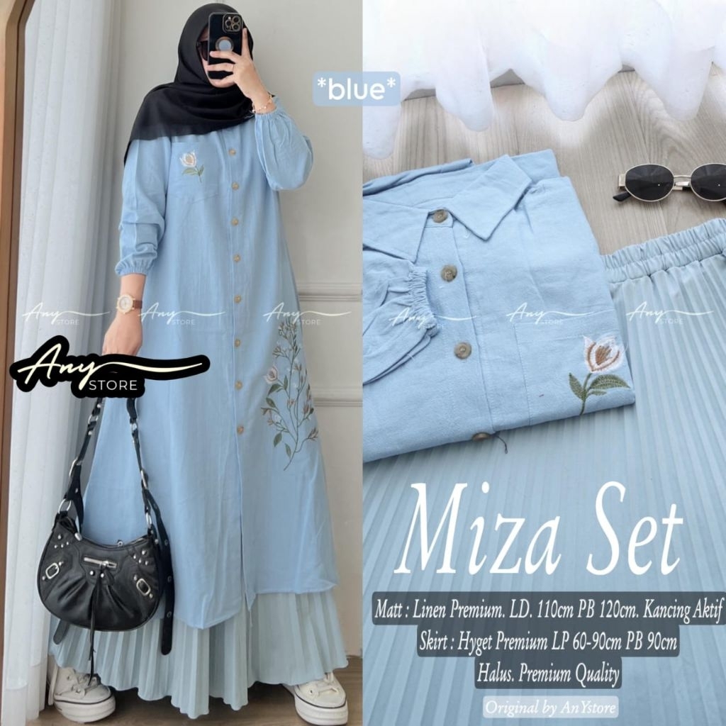 Miza Set Long Tunik Linen Mix Rok Plisket (Any)