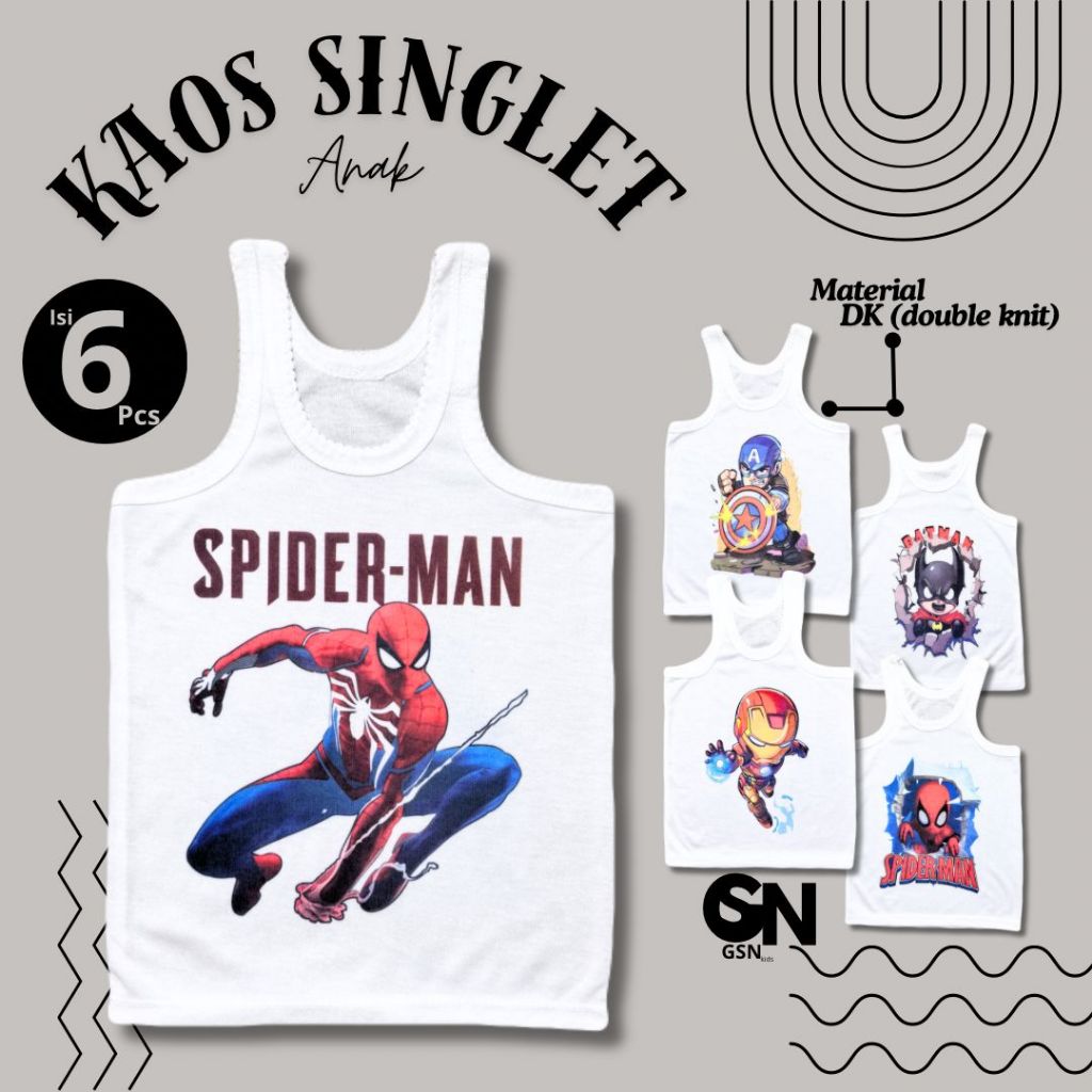 Kaos Dalam/SINGLET Putih bayi/anak Karakter Laki-Laki Bahan Double Knit (6pcs)