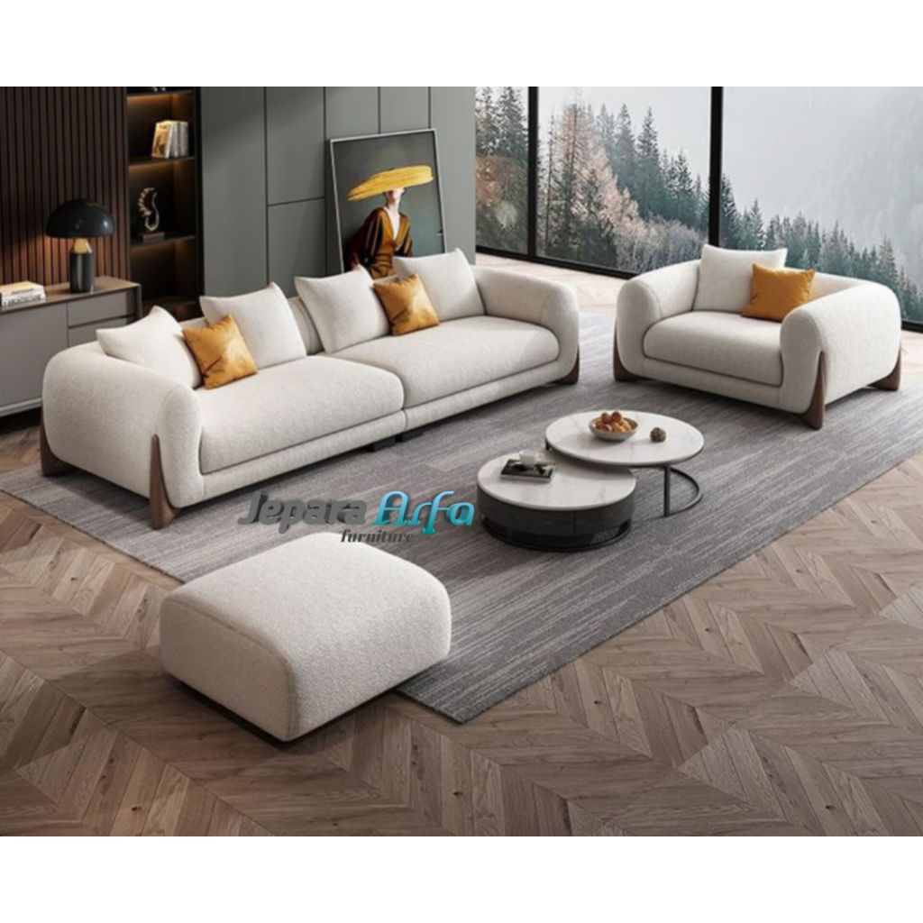 set sofa tamu minimalis meja top marmer carara, bench stool