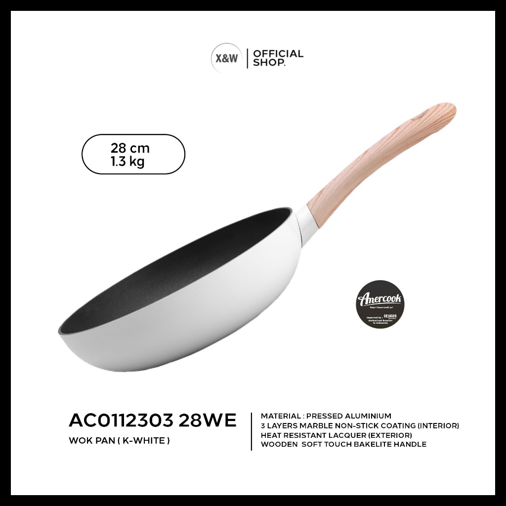 Wajan Amercook Anti Lengket Wok Pan Cast Aluminium White Series 28Cm
